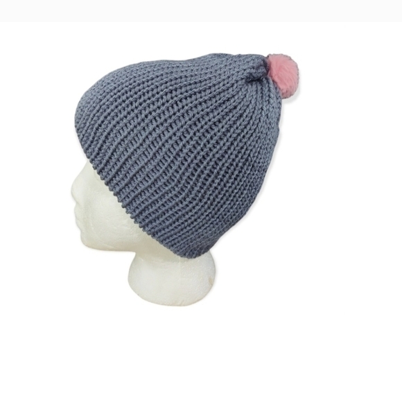 Hand Knit Grey Beanie with Pink Pom - Picture 5 of 5